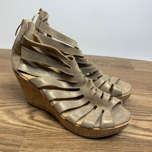 CORDANI Sandals Shoes‎ Womens 41 Gold Metallic Leather Cork Wedge